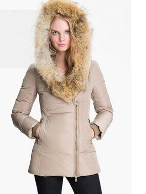 Mackage Women's M Taupe Down Coat Coyote Rabbit Fur Hood Asym Zip